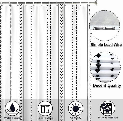 Yuiqear 71x71 Boho Shower Curtain Black and White Fabric Bathroom Curtains Set with Hooks, Chic Triangle Geometric Bath Curtain, Heavy Duty and Waterproof for Modern Hotel Decor