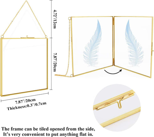 TLBTEK 8x8 inch Brass Hanging Photo Frame,Double Glass Frame for Pressed Flowers,Clear DIY Vintage Artwork Display Frame Wall Mounted Photos Frame