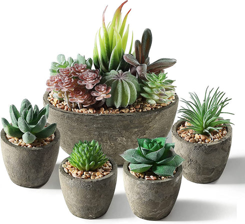 SOPHSEAG Small Artificial Succulent Plants Artificial Potted Faux Plant Decor, Mini Fake Succulent Plants Arrangement Decorations for Office Home Shelf Desk, in Rustic Textured Pulp Pots (Set of 5)