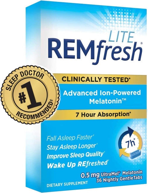 REMfresh LITE 0.5mg Low Dose Melatonin Sleep Aid Supplement (36 Caplets) | Drug-Free, Sleep Aid to Support Natural Sleep for Children 6 Years+ and Adults | #1 Doctor Recommended | Easy-to-Swallow