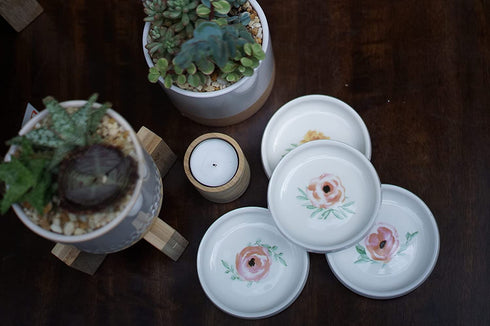 Set of 4 Floral Ring Holder Dish Bowls- Trinket Tray or Boho Plain White Jewelry Dish Tray Personalized - Gift Favor Ring Tray - CEDAR + INK