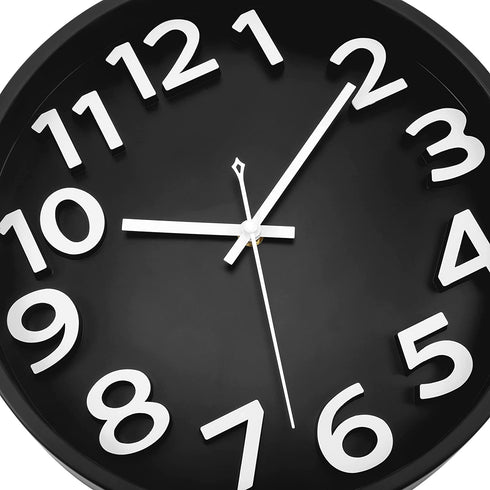 Lumuasky Large Black Wall Clock, 12 Inch Silent Non-Ticking Battery Operated Modern 3D Numbers Round Analog Decorative Clock for Living Room Bedroom Kitchen Home Office School