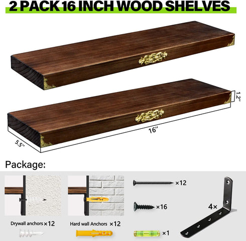 Wall Mounted Floating Shelves Rustic Solid Wood Shelves for Wall16 Inch Set of 2 Farmhouse Wide Wooden Hanging Wall Shelves for Bedroom Living Room Bathroom Farmhouse Kitchen Brown 16 x 5.5''