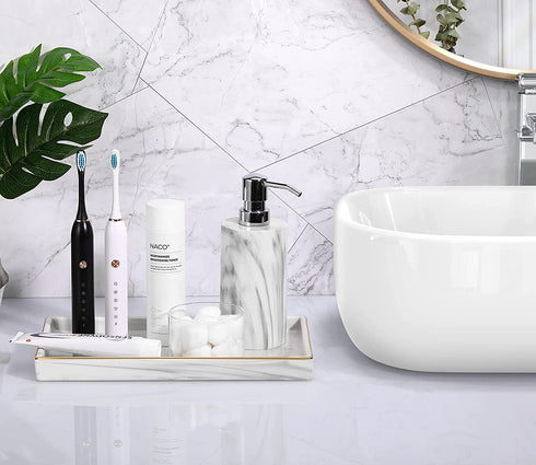 Luxspire Bathroom Vanity Tray, Golden Rimmed Jewelry Organizer rectangle Ceramic Tray, Kitchen Countertop Ring Dish Holder Cosmetic Organizer plate for Candles Perfume Home D©cor, Medium, Marble White
