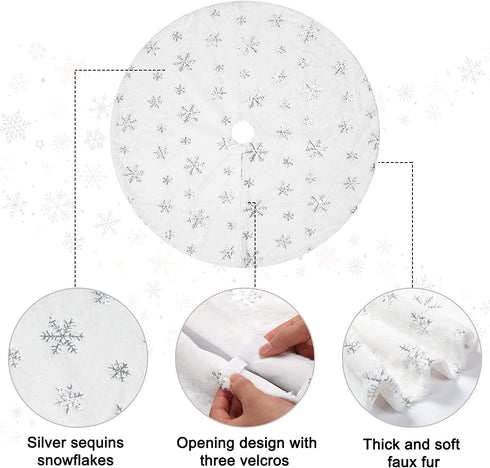 Silver Christmas Tree Skirt 36 Inches White Faux Fur Tree Skirts Sequin Snowflakes Plush Snowy Tree Mat for Artificial Trees Decorations
