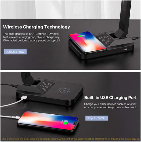 LED Desk Lamp, Colorsmoon 2 in 1 Dimmable Office Table Lamp with 35 Light Settings, Built-in Wireless Charger & USB Charging Port, Multifunctional, Perfect for Home Office/Living Use/Study/Read