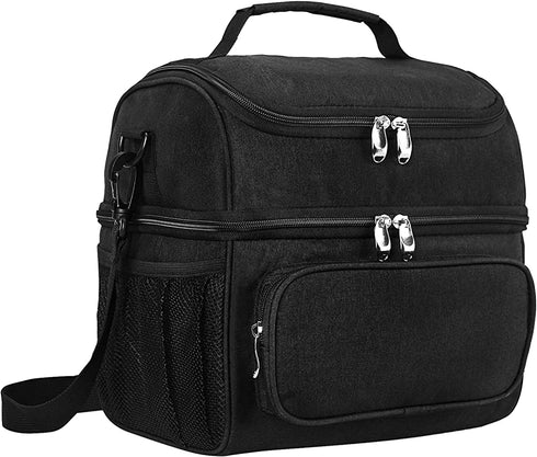Dual Compartment lunch bag with Shoulder Strap Leakproof Insulated Cooler Bag Tote with Lunchbox Belt for Men Women Adults Work (Black)