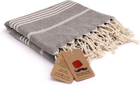 Bazaar Anatolia Slim Line Turkish Towel 100% Cotton Peshtemal Beach Towel 76x38 Thin Lightweight Travel Camping Bath Sauna Gym Pool Blanket Fouta Bridesmaid Gift Quick Dry Towels (Black)