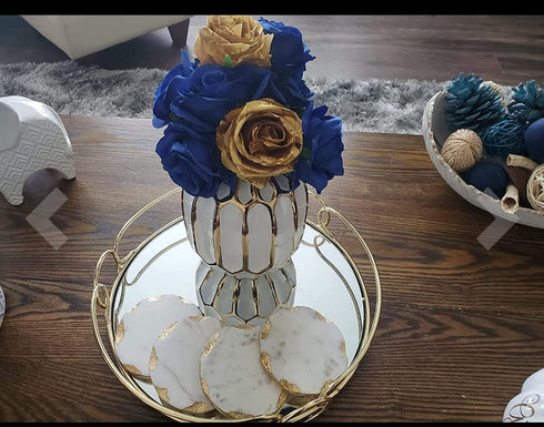 GMRS Home White Marble Handmade Coaster-Set of 4 (Round) with Gold Foiling