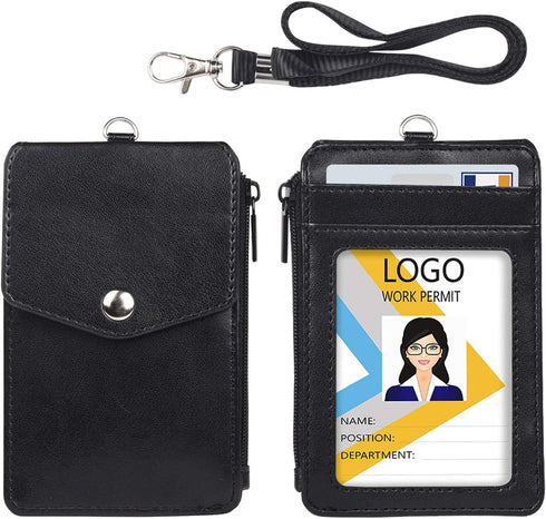 Teskyer Leather Badge Holder with Zipper Pocket,1 Clear ID Window and 3 Card Slots with Secure Cover, Premium Leather ID Holder with Nylon Lanyard for Office School ID, Credit Cards, Driver Licence