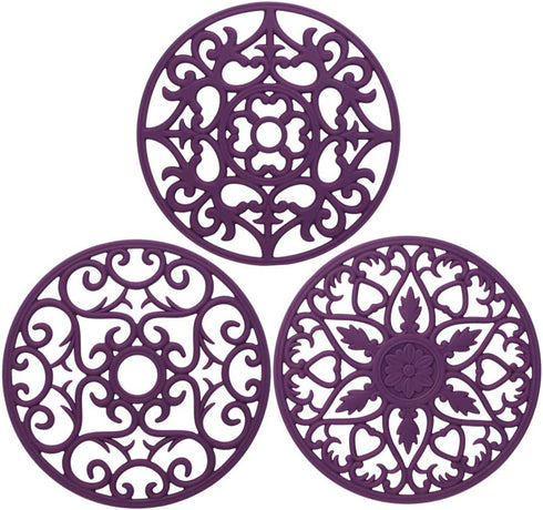 Silicone Trivet ME.FAN 3 Set Silicone Trivet Mat - Multi-Use Intricately Carved Insulated Flexible Durable Non Slip Coasters (Purple)