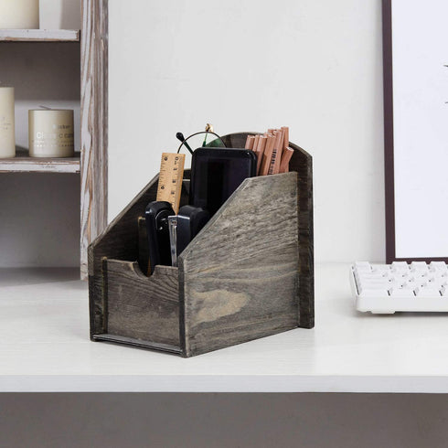 VERGOODR 3 Slot Rustic Wooden Remote Control Frame Media Organizer, Office Supply Storage Rack,Pen Storage Box (Rock Grey)