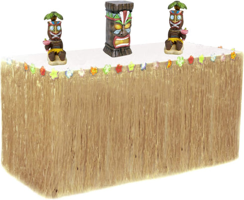 Hawaiian Table Skirt 11ft Long Stretches to 30ft! | (29" Tall) Brown Grass Table Skirts | Hibiscus Luau Party Decoration | Tropical Theme Decor (1 Table Skirt )