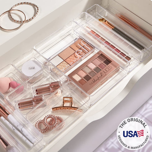 STORi Plastic Makeup and Vanity Stackable Drawer Organizers | Perfect for Makeup Brushes and Palettes, Beauty Accessories, Office Supplies, Craft, and Kitchen | 10 Piece Set | Clear