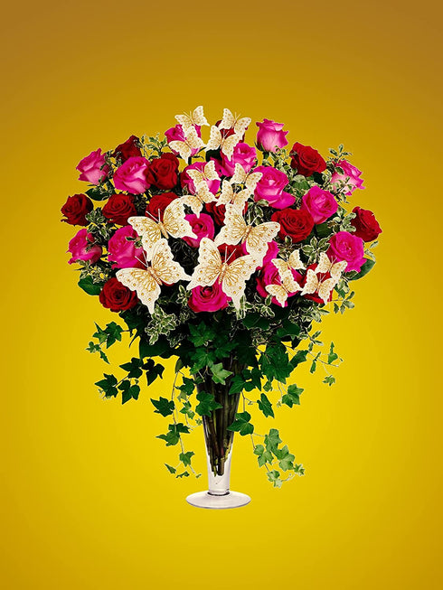 Set of 12 Glitter Monarch Feather Butterflies on Wire for Floral Arrangements and DIY Decorations (Gold)