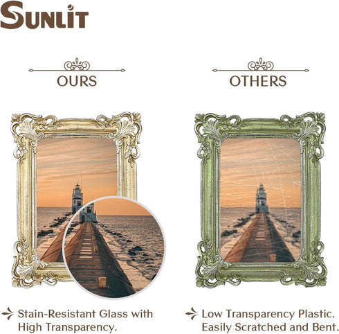 Sunlit Vintage Picture Frame 4x6 Inch, Luxury Antique Photo Frames with Glass Front, Photo Display, Tabletop Wall Hanging, Gift Ideas, Yellow Gold