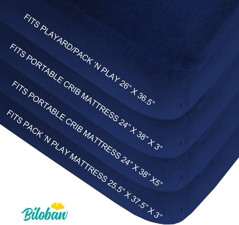 Waterproof Pack N Play Sheets Fitted, 2 Pack Portable Playard / Mini Crib Sheets, Ultra Soft Cotton Pack and Play Sheets, Navy Blue, Washable & Pre-Shrink