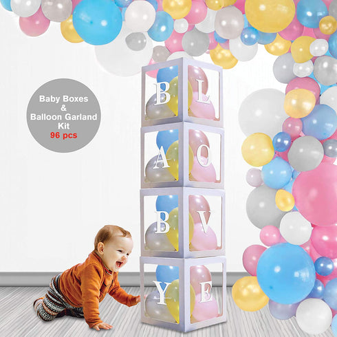 FamShack 96 Pcs White Gender Reveal Party Decorations with Gender Reveal Balloon Garland Kit | Clear Baby Boxes with Letters for Baby Shower Decorations (White)