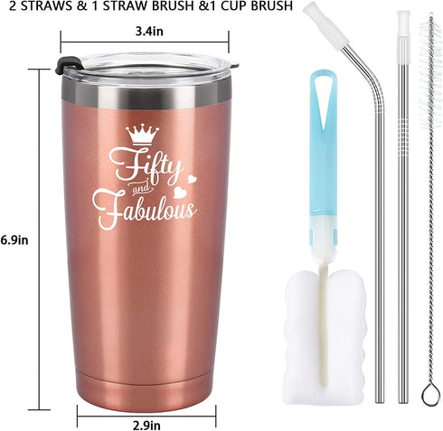 Cpskup 50th Birthday Gifts for Women, Fifty Fabulous Stainless Steel Insulated Travel Tumbler with Lids, Funny Christmas Birthday Gifts for Women Mom Grandma Sister Friends Coworkers(20oz, Rose Gold)