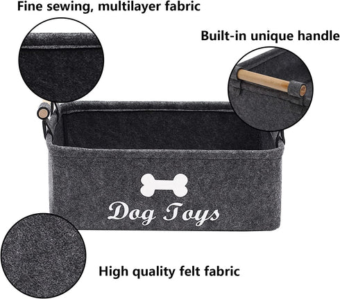 Geyecete Dog Toys Storage Bins - with Wooden Handle,Decorative Basket Rectangular Soft Felt Storage Bin Organizer Basket Pet Supplies Storage Basket/Bin Kids Toy Chest Storage Trunk(Dog-Grey)
