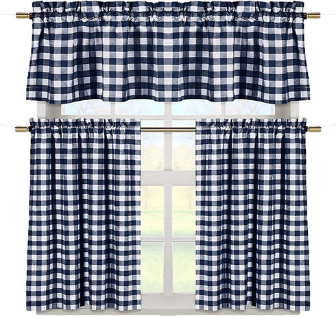 Duck River Textile Buffalo Plaid Gingham Checkered Premium Cotton Blend Kitchen Curtain Tier & Valance Set, Navy Blue & White