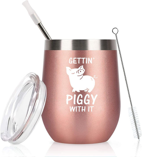 Gingprous Pig Swine Lover Gifts on Christmas Birthday, Gettin' Piggy With It Cute Funny Wine Tumbler with Pig, 12 Oz Stainless Steel Insulated Wine Tumbler with Lid and Straw, Rose Gold