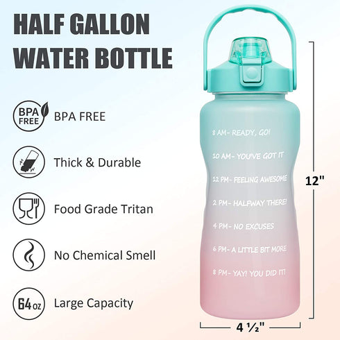 64 OZ/Half Gallon Motivational Water Bottle with Time Marker & Straw - BPA Free Leakproof Tritan Frosted Plastic Big 2L Water Bottle for Women Men Large Water Jug for Fitness Gym Outdoor Sport