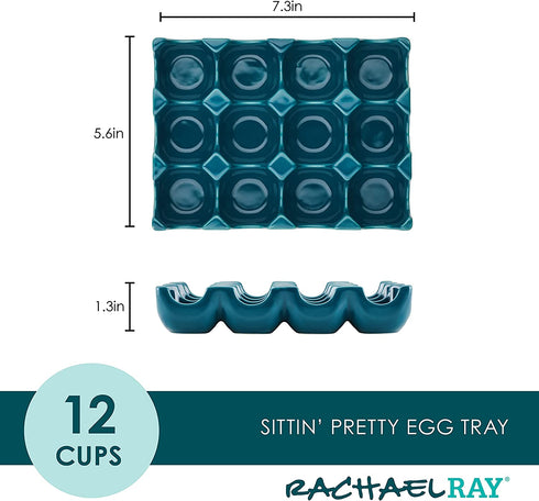 Rachael Ray Solid Glaze Ceramics Egg Tray/Holder, 12 Cup, Teal