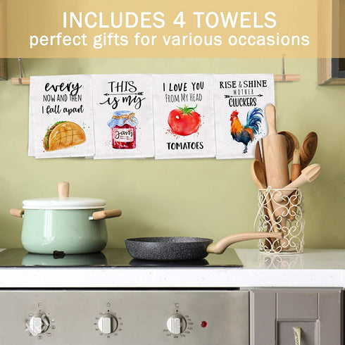 Bonsai Tree Funny Kitchen Towels and Dishcloths Sets of 4, Cute Quotes Dish Towels with Sayings, Fun White Farmhouse Absorbent Tea Towels Housewarming Gifts Decor Essentials for New Home