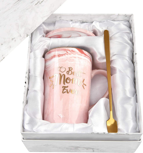 Best Mom Ever Mug Best Mom Gifts from Daughter Son Gifts for Mom Coffee Mug Mother's Day Birthday Gifts 14 Oz with Gift Box and Spoon Coaster Pink Marble Mom Mug