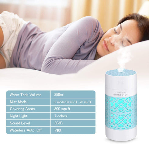 Portable Humidifiers Car Humidifier Cool Mist Humidifying for Kids Rooms Travel Office Bedroom with High and Low Mist Settings 7 Colors Night Light Auto Shut-Off 250ml