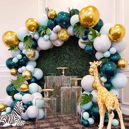Jungle Safari Themed Balloon Garland Kit Green Aqua Blue Metal Gold Confetti balloons and Palm,Lvy Turtle Leaves for Baby Shower Decorations Boy or Girl Birthday Wild One