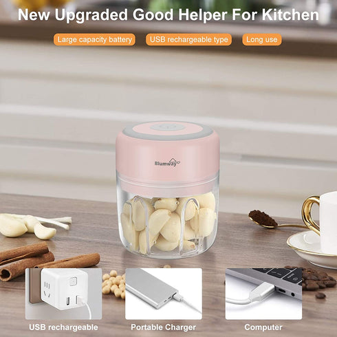 Electric Mini Garlic Chopper 2PCS Cups, Wireless Powerful Garlic Press Chopper, Portable 250ml+100ml Cups Garlic Blender For Vegetable, Fruit, Onions, Meat, Salad, Baby Food, IP68 Waterproof (Pink)