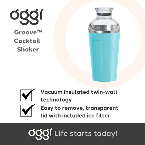 Oggi Groove Insulated Cocktail Shaker-17oz Double Wall Vacuum Insulated Stainless Steel Shaker, Tritan Lid has Built In Strainer, Ideal Cocktail Mixer, Martini Shaker, Margarita Shaker, Turquoise