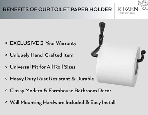 RTZEN Bathroom Toilet Paper Holder - Handcrafted Rustic Wrought Iron Wall Decor Toilet Roll Holder - Black Matte Wall Mount Toilet Paper Bar for Modern Farmhouse Bathroom Decor