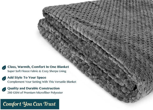 PAVILIA Waffle Textured Fleece Throw Blanket for Couch Sofa, Charcoal Gray | Soft Plush Velvet Flannel Blanket for Living Room | Fuzzy Lightweight Microfiber Throw for All Seasons, 50 x 60 Inches