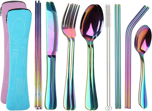 YIMICOO Reusable Travel Utensils with Case, Camping Cutlery Set Stainless Steel Portable Silverware Flatware Set for Picnic Office or School Lunch,Dishwasher Safe (2Sets,Pink+Blue)
