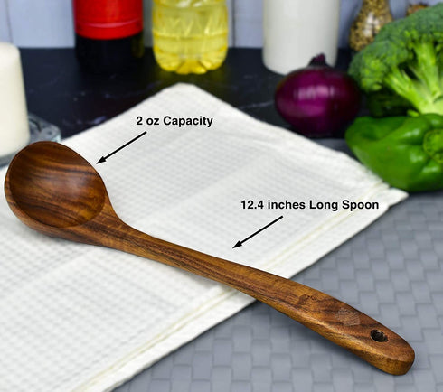 Wooden Ladle for Cooking, Wood Ladle Soup Spoon, Teak Wooden Serving Spoon 12.4 inch Long Handle, Kitchen Ladles, Medium Scoop Size 2 oz, Natural, Eco Friendly and Sustainable.