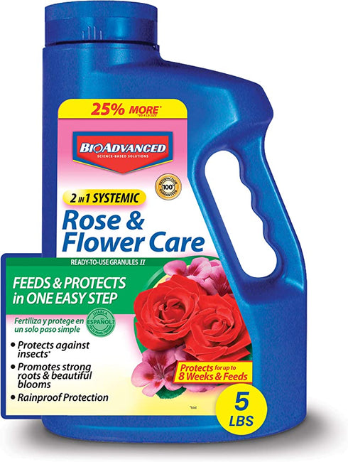 BioAdvanced 701100A 2-in-1 Systemic Rose & Flower Care Fertilizer, Insect Killer, 5-Pound, Granules