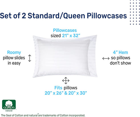 CALIFORNIA DESIGN DEN Soft & Silky 500 Thread Count 100% Cotton is Cool & Smooth, 2 White Standard Pillow Cases Fits Standard & Queen Pillows (Damask Stripe - Pure White)