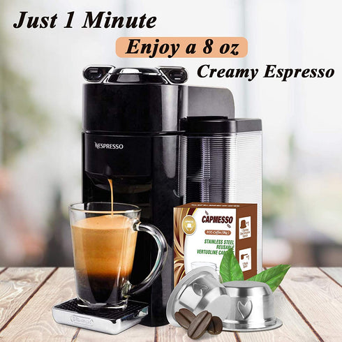CAPMESSO Coffee Capsule, Refillable Vertuo Capsules Reusable Coffee Pod with Foil Lids Stainless Steel Compatible with Vertuoline GCA1,ENV135,Vertuo Plus(8oz pod+50 Foils)