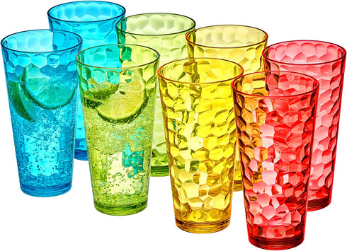 Amazing Abby - Iceberg - 24-Ounce Plastic Tumblers (Set of 8), Plastic Drinking Glasses, Mixed-Color High-Balls, Reusable Plastic Cups, Stackable, BPA-Free, Shatter-Proof, Dishwasher-Safe