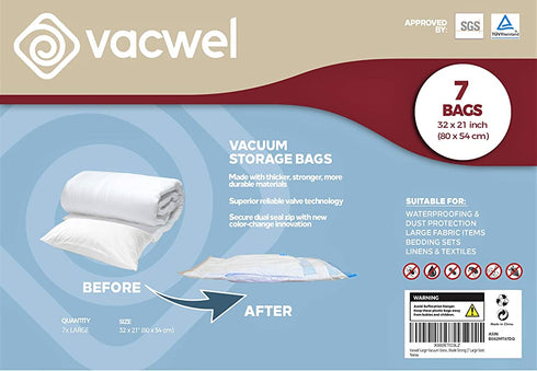 Vacwel Large Vacuum Storage Bags for Clothes, Ziplock Space Saver Compression Bags to Shrink Clothes, Cushions, Pillows for Safe Storage - Large Clothing Space Bag Size: 32 x 21 inch (Large 7-Pack)