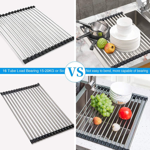 Dish Drying Rack 17.5" x 15", G-TING Over Sink Roll Up Large Dish Drainers Rack, Multipurpose Foldable Kitchen Sink Rack Mat Stainless Steel with Silicone Rims for Dishes, Cups, Fruits Vegetables