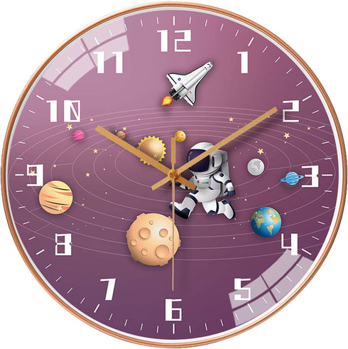 QINFIEY 12 Inch Silent Movement Kids Wall Clock, Non Ticking Children Round Wall Clock Battery Operated Space Travel Style Decor Children Clock for Home School Girls Bedroom Living Room (Pink)