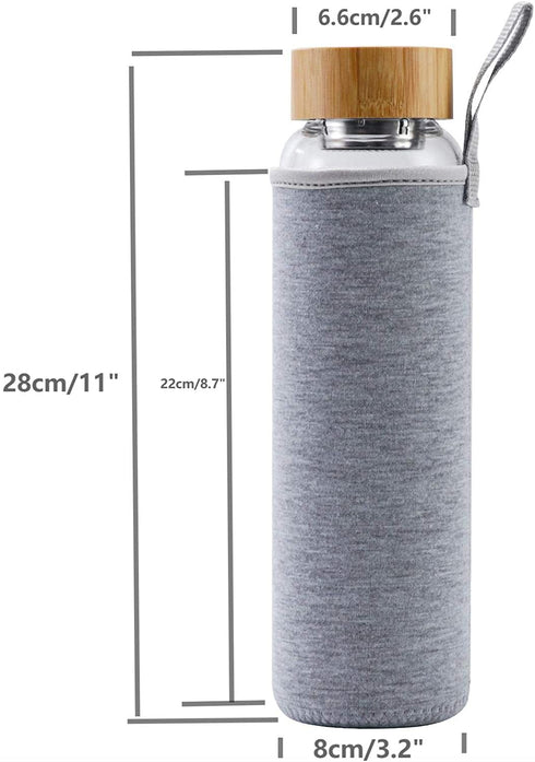 sunkey Glass Water Bottle 32 oz Wide Mouth with Sleeve Bamboo Lid 1 Litre Motivational Water Bottle With Time Marker Reusable Safe for Hot Cold Drinks Bpa Free (Gray)