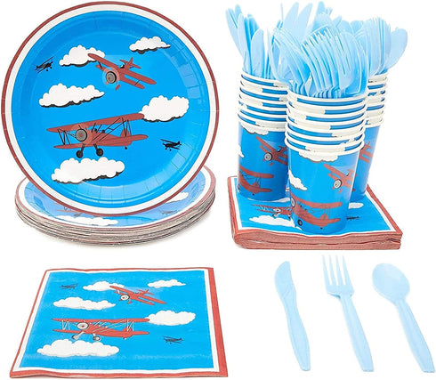 Airplane Party Supplies ? Serves 24 ? Includes Plates, Knives, Spoons, Forks, Cups and Napkins. Perfect Airplane Party Pack for Kids Airplane Themed Parties.