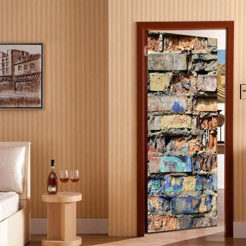 MISSSIXTY 3D Door Wall Mural Wallpaper Stickers Vinyl Removable Decals for Home Decoration 30.3" x 78.7" (Broken Bricks)