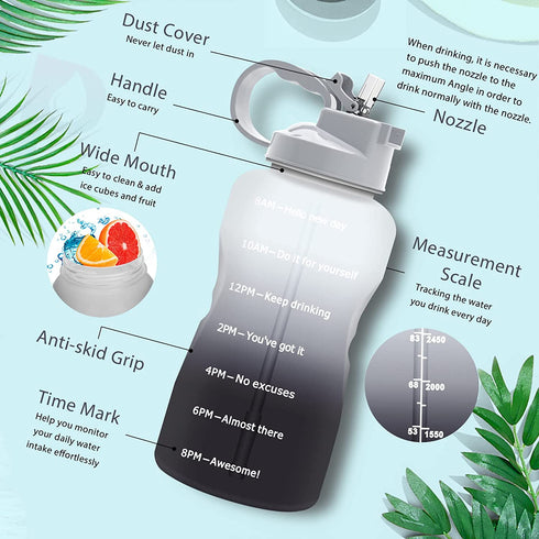 Podocarpus Water Bottles with Times to Drink, 64/128OZ Gallon Water Bottle with Straw & Wide Mouth, BPA Free Durable Reusable Perfect for Gym Sports Outdoor White/Gray, Motivational Water Bottle