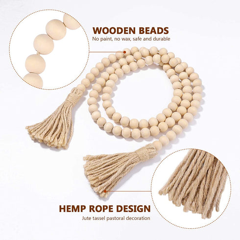 Garneck 58in Wood Bead Garland,Rustic Country Beads Wood Bead Tassel,Farmhouse Wall Hanging Prayer Beads Home Christmas Tree Decoration (1 Pack) (58inch) (1pack-58inch)